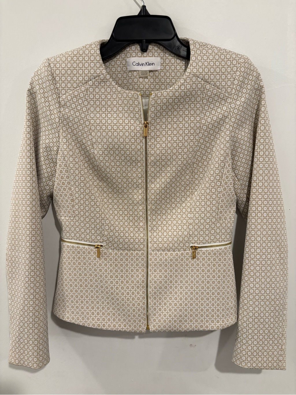 Calvin Klein Blazer Jacket Size 4 Petite Beige Zip Front